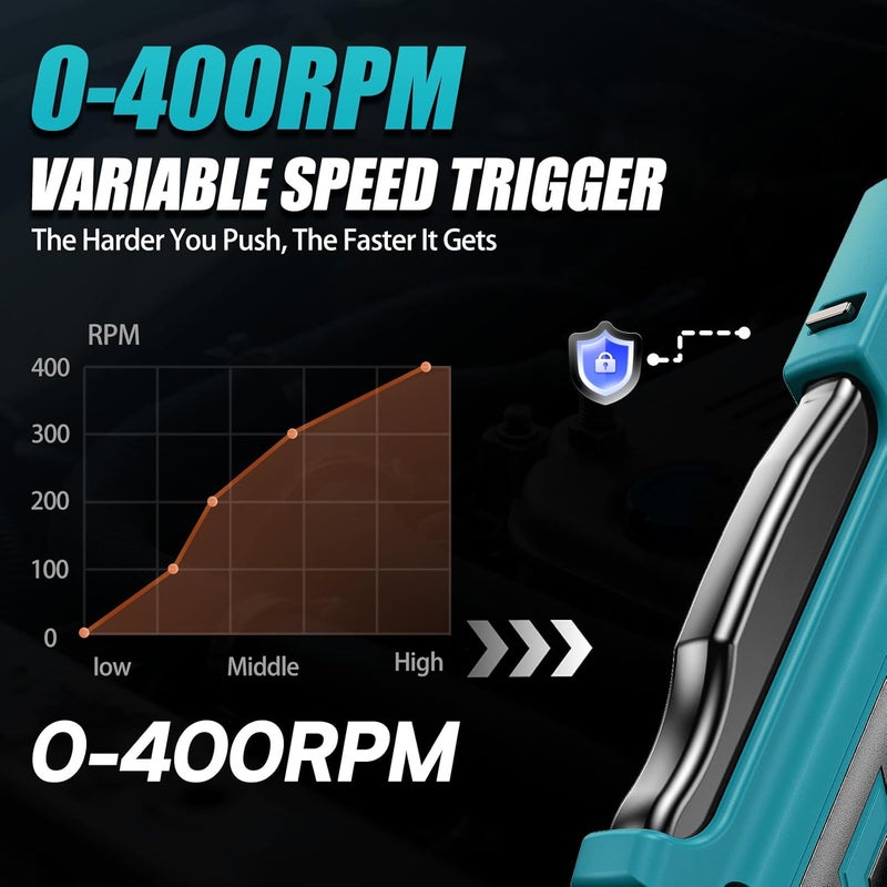 DEVTBLUN 21V Electric Ratchet Wrench Set,60FT-LBS (80N.m) Extended Cordless Ratchet Wrench with 2x 2.0Ah Battery,3/8" 400 RPM Variable Speed Power Ratchet Driver Set with 7 Sockets,1/4 Adaptor, 3"Extension Bar - Image 2